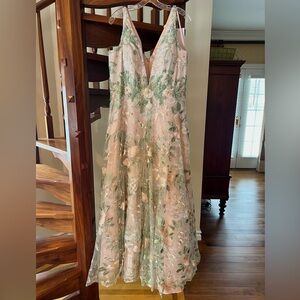 Mac Duggal NWT Multicolor Floral Embroidered Illusion V-Neck Gown $798 Size 16